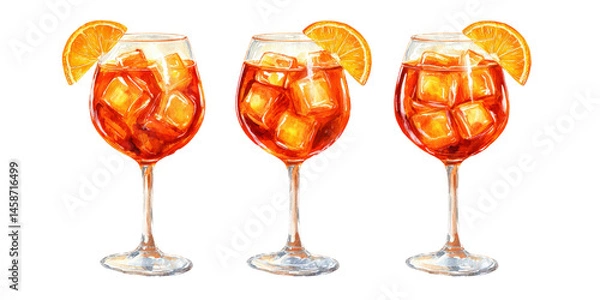 Fototapeta Three Aperol Spritz cocktails with prosecco, soda and orange slices. Watercolor illustration on transparent background.