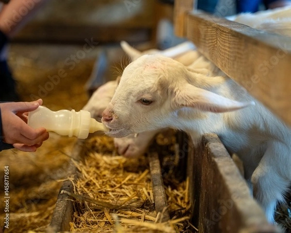 Obraz Young Goat Bottle-Feeding in Barn