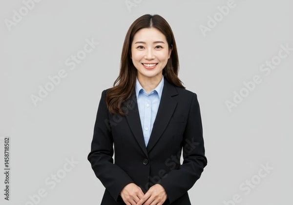 Fototapeta Portrait of a smiling asian woman in a black suit and blue shirt against a plain light gray background