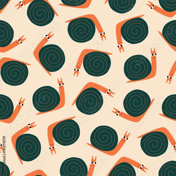 Obraz Cute snails with funny eyes hand drawn vector illustration. Adorable animals seamless pattern for kids fabric or wallpaper.