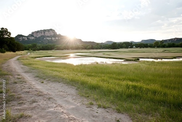 Fototapeta Scenic Sunset View of a Grassy Field with a Dirt Road and Mountain Background