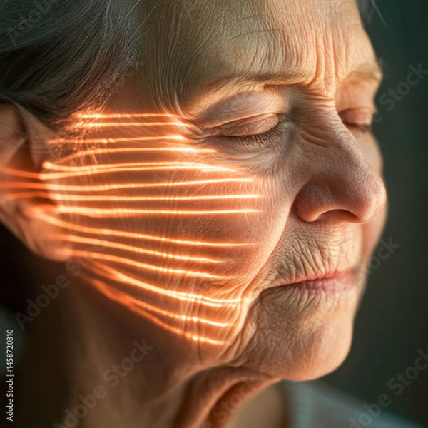Fototapeta Elderly woman with glowing lines on face and reflective look, undergoing medical examination with laser, magnetic resonance therapy