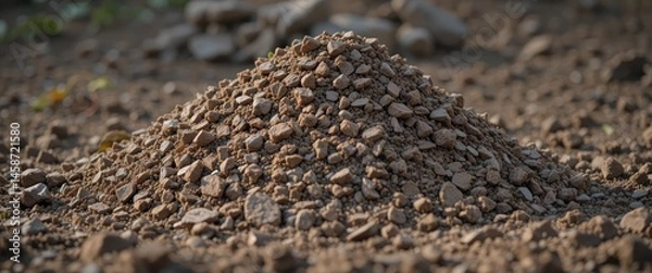 Fototapeta A close up view of a pile of small rocks and pebbles on the ground in an outdoor environment