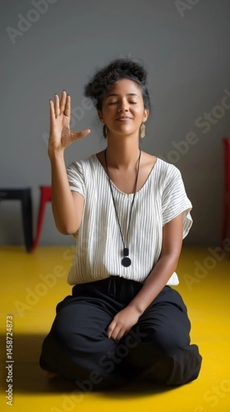 Fototapeta Diversity in exercise & wellness, yoga: Deaf yoga instructor using sign language during online class, accessibility and innovation.