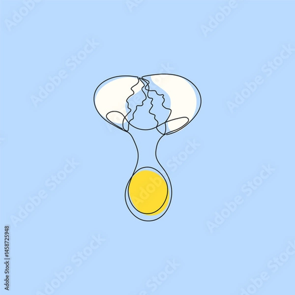 Obraz breaking a chicken egg with the yolk and white falling down drawn with one continuous line on a blue background