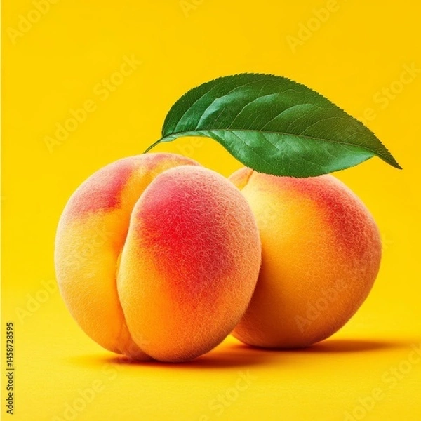 Fototapeta Two Fresh, Ripe Peaches with a Leaf, Isolated on Vibrant Yellow Background, Summer Fruit Concept