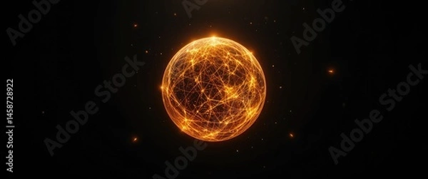 Fototapeta Glowing orange sphere with interconnected lines floating in a dark space with small particles around it