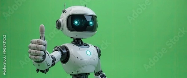 Fototapeta A white robot with glowing blue eyes giving a thumbs up in front of a green background studio shot