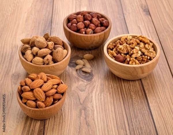 Fototapeta different nuts in different small wooden bowl 