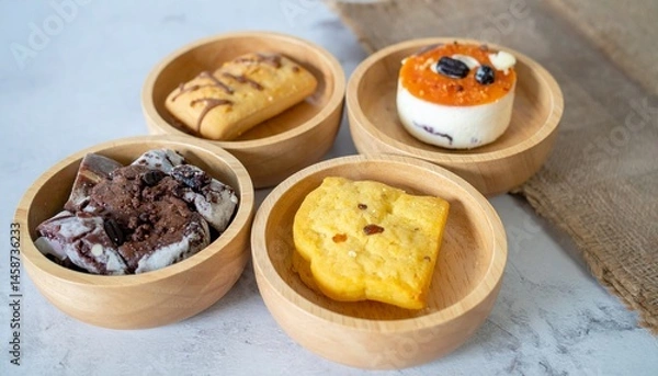 Fototapeta different cake or biscuit in different small wooden bowl 