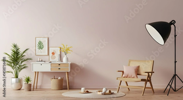 Fototapeta Cozy Minimalist Living Room with Natural Elements and Soft Lighting