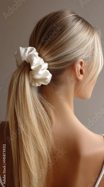 Fototapeta Elegant woman with long blonde hair styled in ponytail and white scrunchie during soft indoor lighting