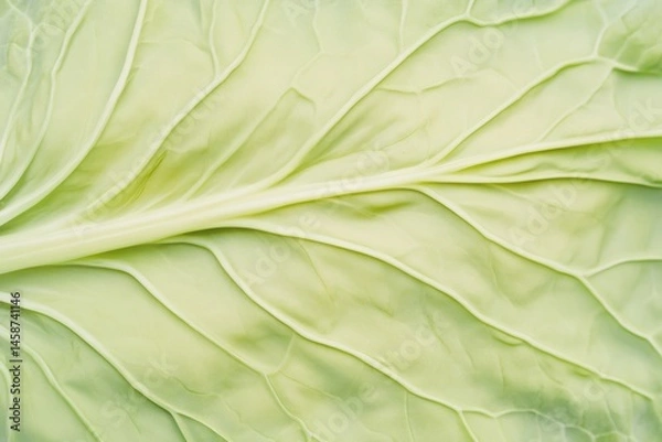 Fototapeta Close-up view of a fresh green cabbage leaf highlighting its intricate veins and texture in bright natural light