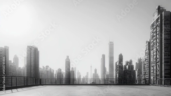 Fototapeta Empty rooftop vista of modern cityscape in grayscale.