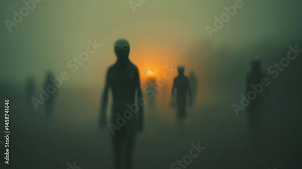 Fototapeta Mysterious humanoid alien figures emerge from dense green fog as an eerie orange light glows behind them in a sci-fi scene.