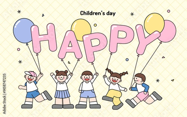 Obraz 어린이날, 어린이들이 '해피' 풍선을 들고 즐거워하는 이미지