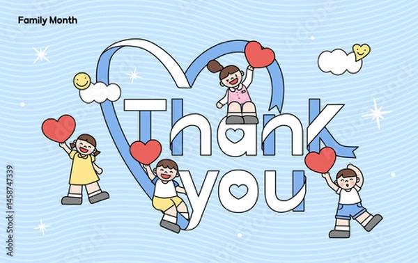 Obraz '땡큐'타이포그라피 주변에서 뛰어놀고 있는 아이들 이미지.