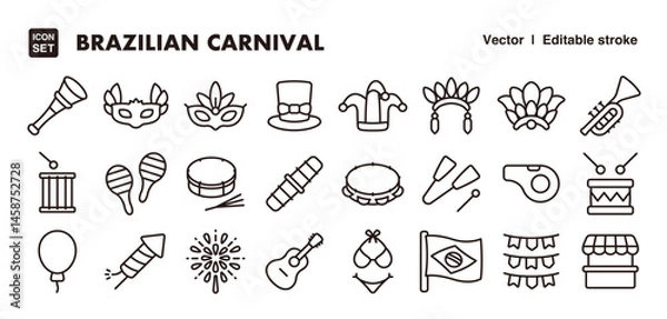 Obraz Brazilian carnival line icon set. Vector editable stroke icon.