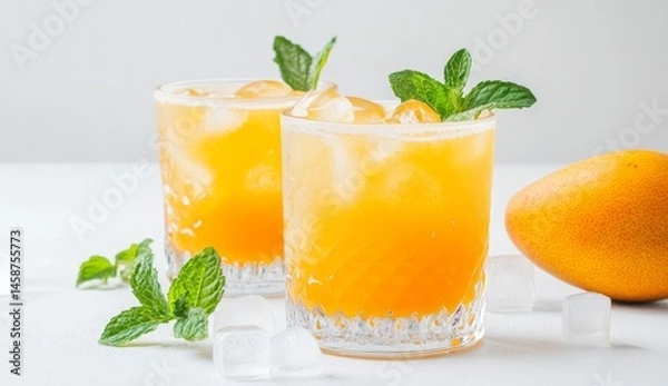 Fototapeta Two glasses of chilled mango-mint drink with ice