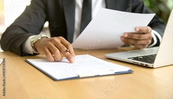 Fototapeta Close-up of a person's hands and documents discussing a contract with a business partner