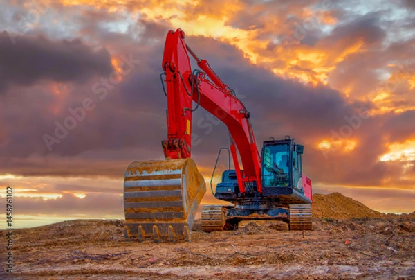 Obraz Excavator working at construction site on earthworks. Backhoe digging building foundation. Paving out sewer line. Heavy machinery for road work, excavating, loading, lifting and hauling of cargo
