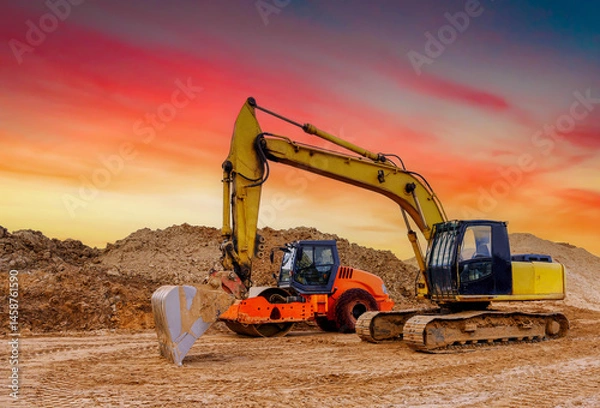 Obraz Soil Compactor the leveling soil at construction site. Excavator and vibration single-cylinder road roller during the construction of roads