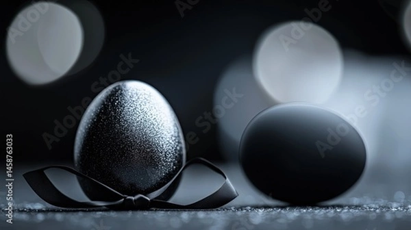 Fototapeta Two decorative eggs, dark gray and black, with a ribbon bow.