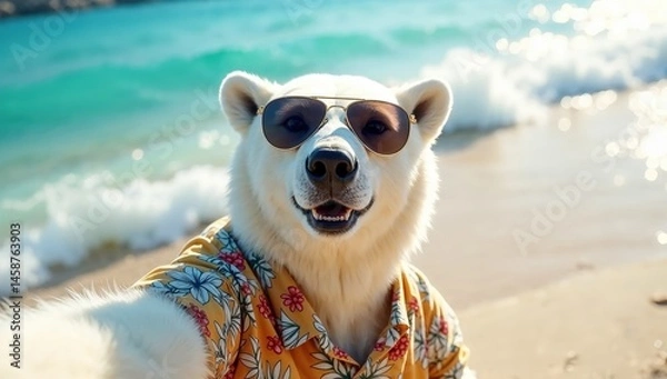 Obraz Eisbär mit Sonnenbrille am Strand