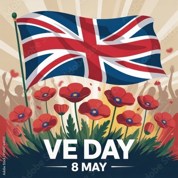 Fototapeta VE Day Commemoration with UK Flag and Poppies