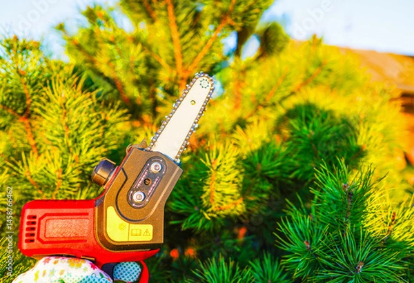 Obraz Chainsaw Cordless for pine tree pruning. Cut branch use Pruning Saw. Mini Cordless Chainsaw. Pruning Chainsaw cut tree conifer branch. Electric Pruning Saw. Household Mini Handheld Electric Chain Saw.