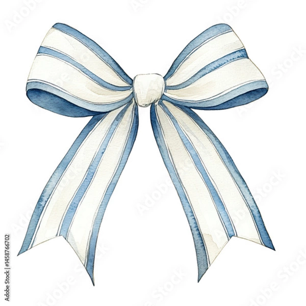 Fototapeta A blue and white striped ribbon bow with elegant, flowing loops and tails.