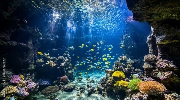 Obraz Underwater coral reef scene with sunlight filtering through