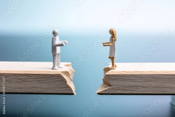Fototapeta Miniature figures illustrate connection over a gap on wooden planks during a calm background setting