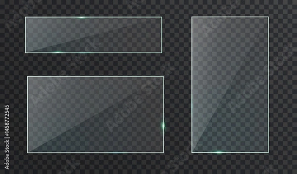 Obraz Realistic glass nameplates isolated on dark background. Transparent panel plates with glares and light.