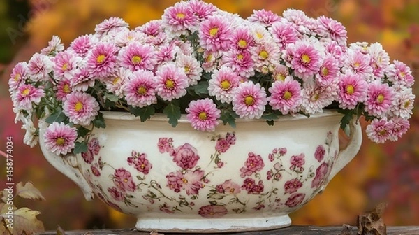 Obraz Pink chrysanthemum flowers in decorative planter