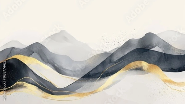 Fototapeta Mountain background vector. Minimal landscape art with watercolor brush and golden line art texture. Abstract art wallpaper for prints, Art Decoration, wall arts and canvas prints. illustration , no 
