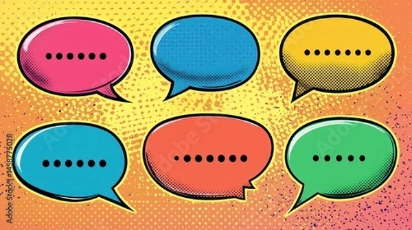 Obraz Colorful Pop Art Speech Bubbles: A vibrant illustration featuring six speech bubbles in various colors, set against a textured background, symbolizing communication, conversation, and dialogue.