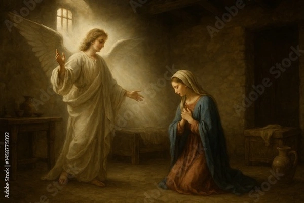 Fototapeta Angel Gabriel appears to Mary in her home in Nazareth, bathed in soft divine light, as she kneels in awe in a peaceful biblical scene.