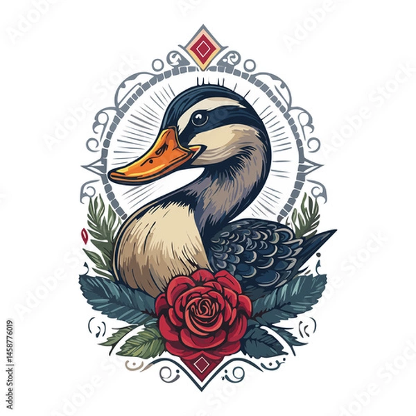 Fototapeta A decorative illustration of a duck, featuring a red rose and intricate ornate details on a white background, with a classic emblem.