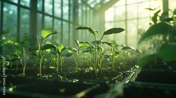 Obraz Seedlings growing in greenhouse with natural light for agriculture and sustainable farming practices
