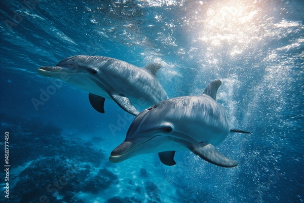 Obraz Dolphins swimming in the blue water 3d rendering