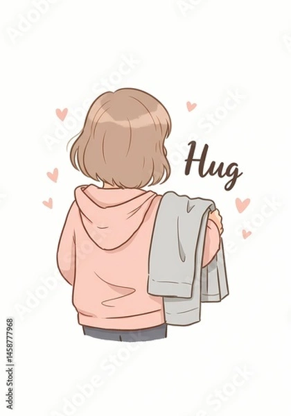 Fototapeta Illustration depicting a feeling of embrace, girl with a towel on her shoulder amidst heart motifs evoking warmth and affection in minimalist design