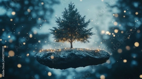 Obraz Mystical floating island with illuminated tree