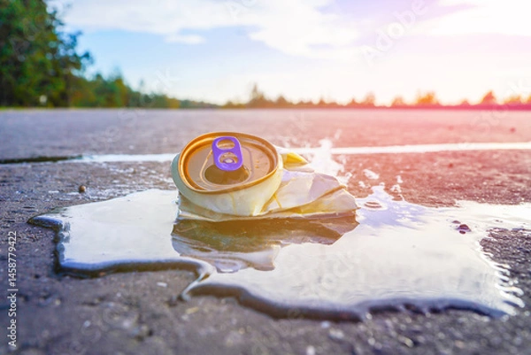 Obraz Crumpled beer can on asphalt with spilled alcohol. Discarded broken drink, spilled soda can on road. Problem social, crime. Food garbage, pollution, waste, Thrown out Crushed juce. Beer Can Crushed.
