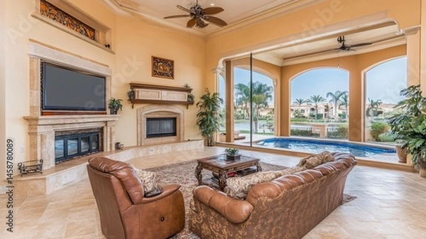 Obraz Luxurious living room with fireplace and pool view