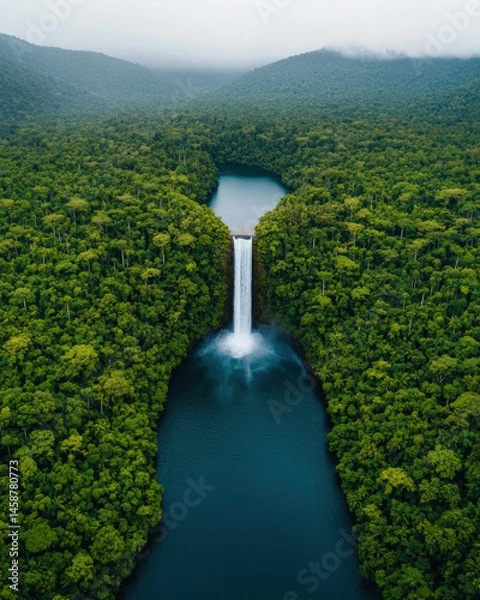 Fototapeta a powerful waterfall in a tropical rainforest, A breathtaking aerial view of a lush forest surrounding a stunning waterfall cascading into a calm river.