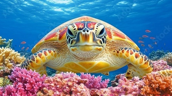 Obraz Sea turtle in vibrant coral reef.  Close-up view of a colorful sea turtle, surrounded by a colorful coral reef.  Underwater scene