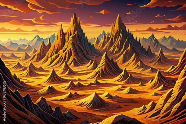 Obraz landscape of eroded peaks and deep gullies glowing in the warm light of sunset, showcasing striking geological formations and rugged terrain. Ideal for nature, geology, desert travel, and outdoor