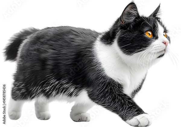 Fototapeta  Black and white cat, walking pose, transparent background