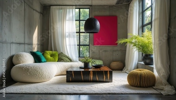 Fototapeta Generative AI, Brutalist Studio Living Room with Tropical Contrast